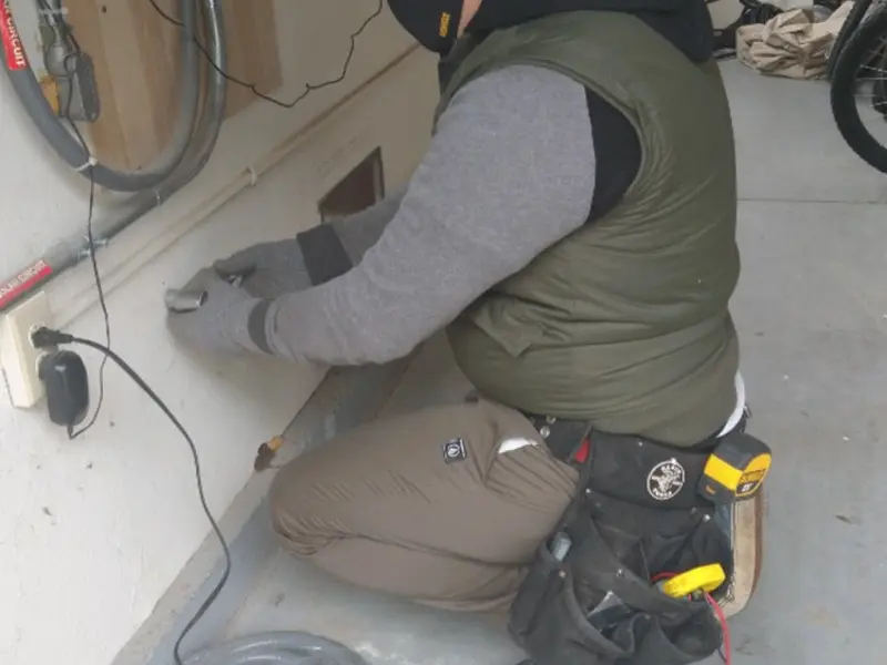Electrician performing outlet wiring in a Moraga garage